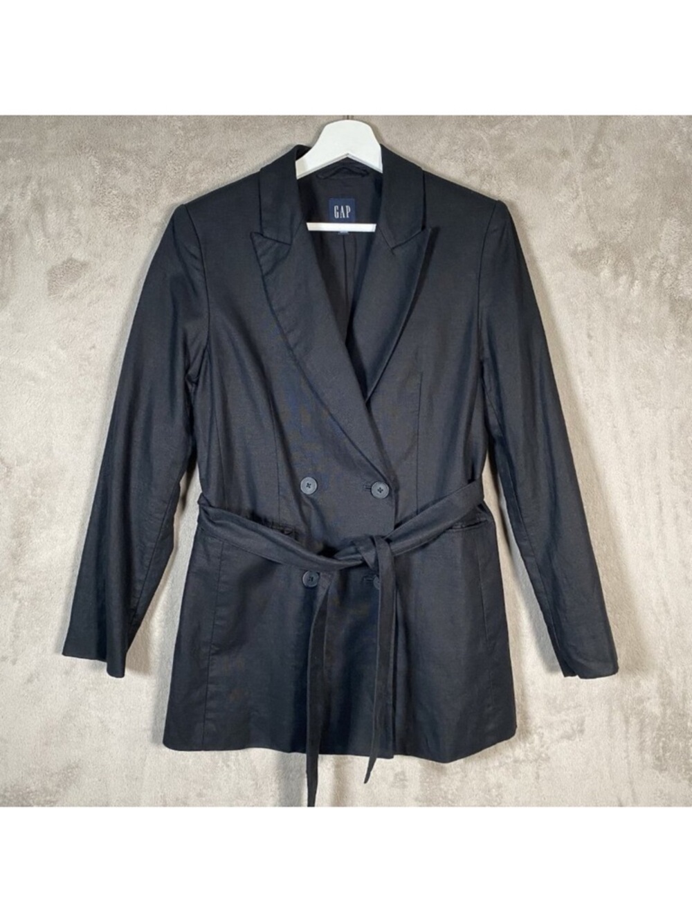 Black Belted Linen blend Women's Blazer Jacket - Picture 2 of 6